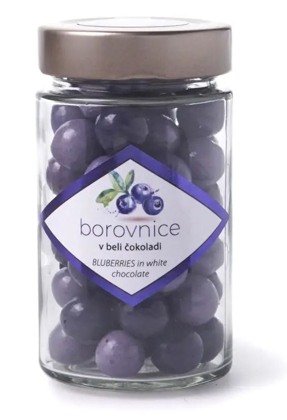 Borovnice, oblite v beli čokoladi, 125g
