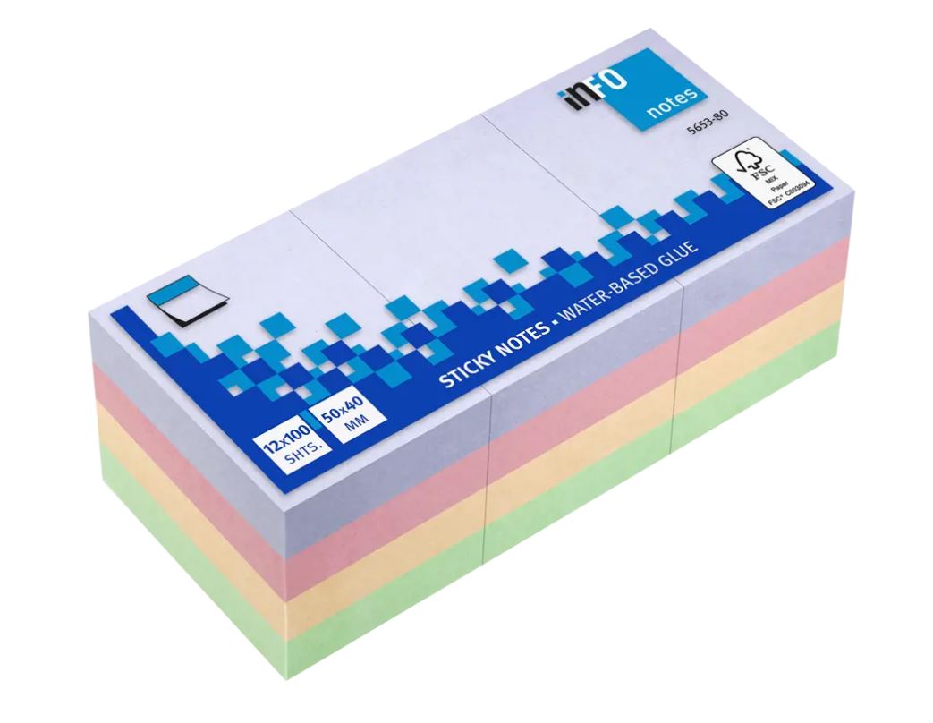 Samolepilni blok INFO 5653-80, 50x40 mm, 12x100 listni, mix