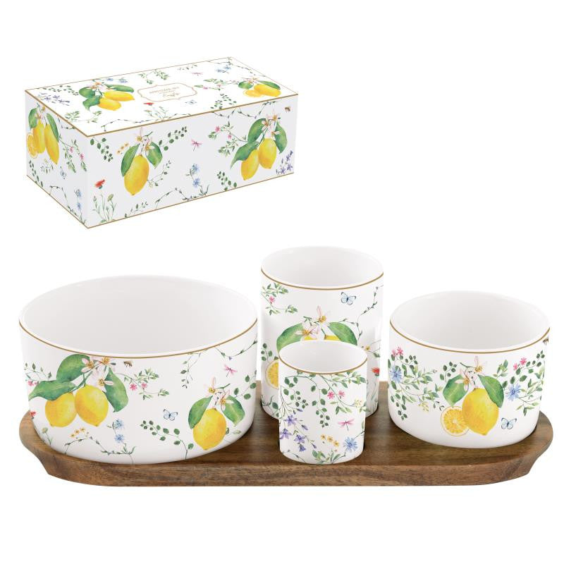 Set štirih posodic na lesenem podstavku, Fleurs et Citrons