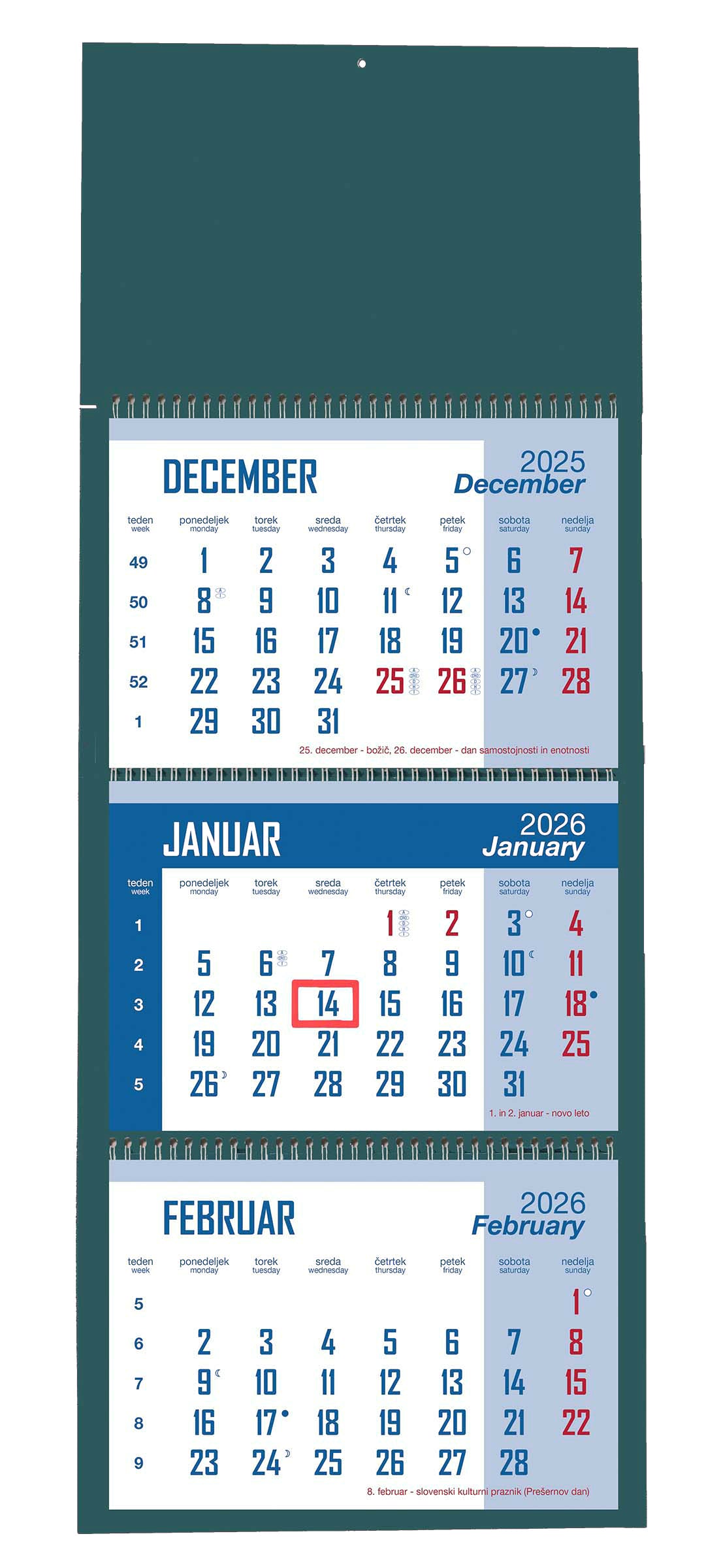 Koledar 2026 3-delni, spirala, zelen