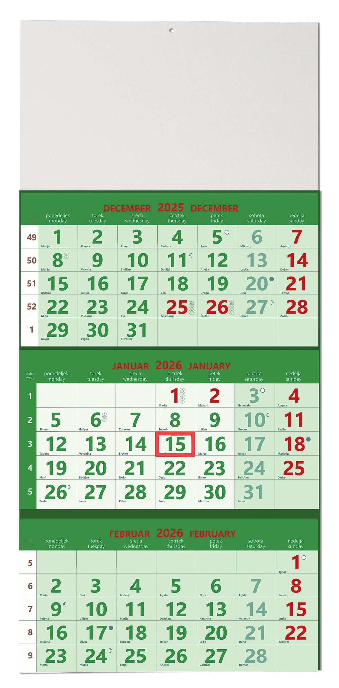 Koledar 2026 3-delni, lepljen/perforiran, zelen