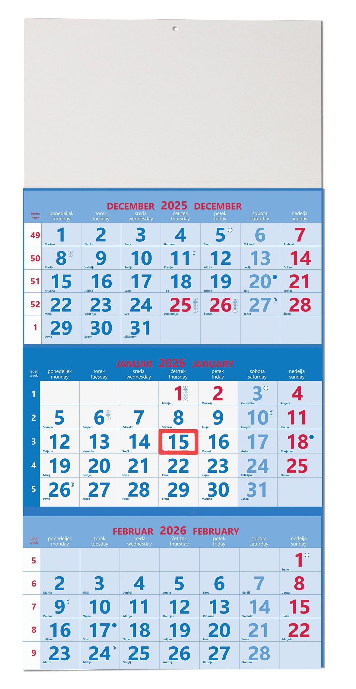 Koledar 2026 3-delni, lepljen/perforiran, moder