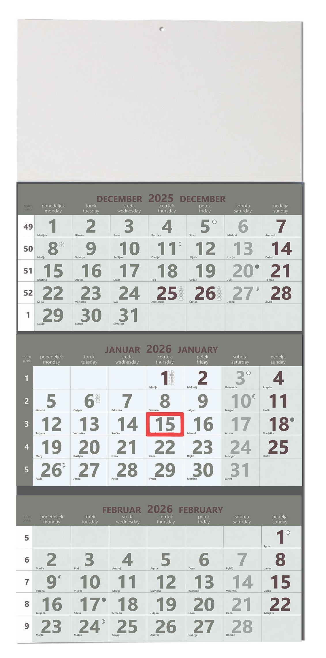 Koledar 2026 3-delni, lepljen/perforiran, siv