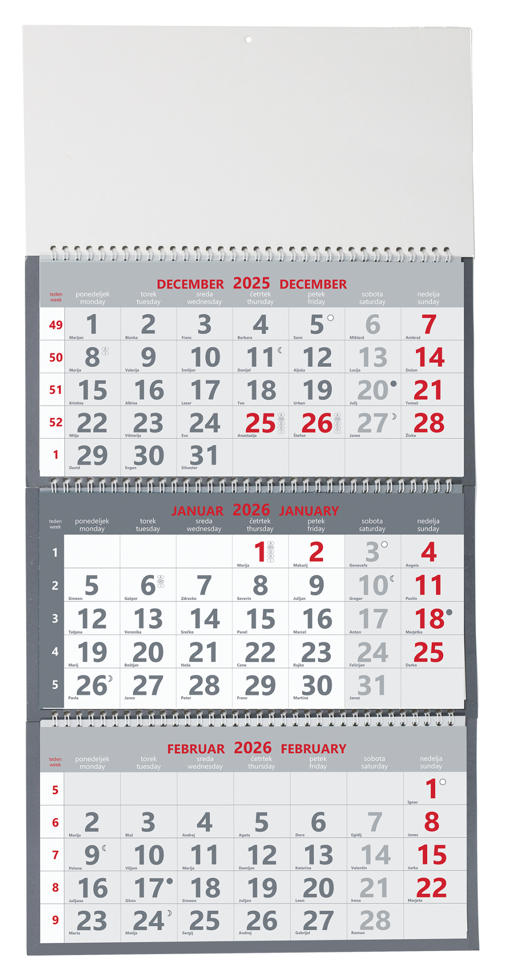 Koledar 2026 3-delni, spirala, siv