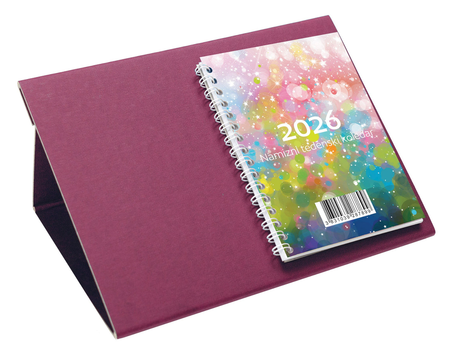 Namizni tedenski koledar 2026, kartonski podstavek, bordo
