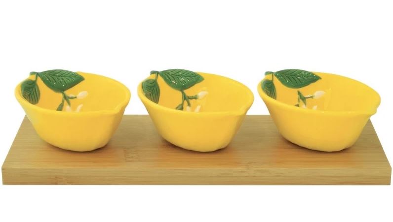 Set treh posodic na lesenem podstavku, Fleurs et Citrons