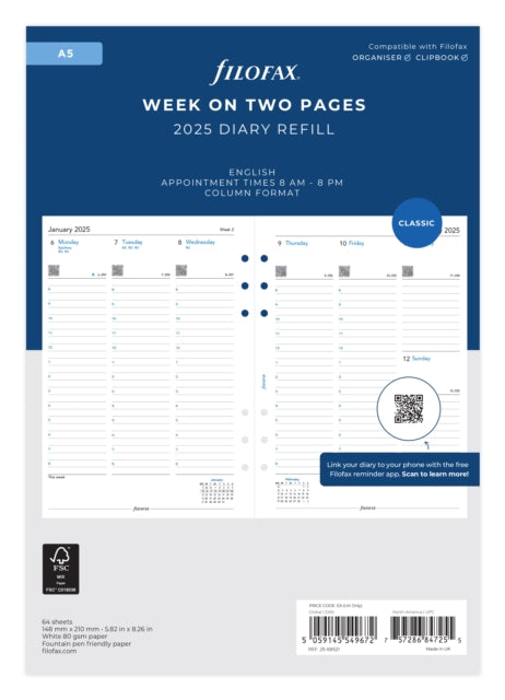 Filofax A5 Week On Two Pages English Column Format 2025 Diary