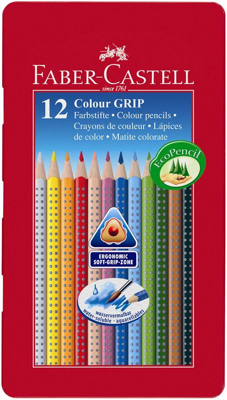 Barvice Faber-Castell Grip, kovinska škatla, 12/1