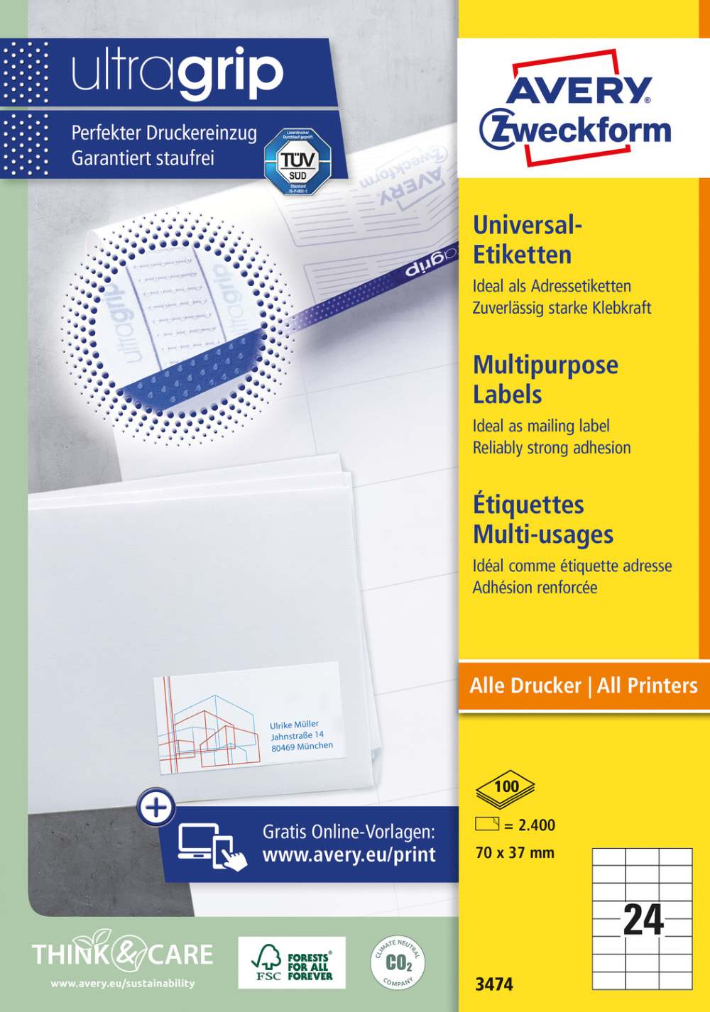Etikete papirne bele univerzalne Avery Zweckform 3474, 70 x 37 mm