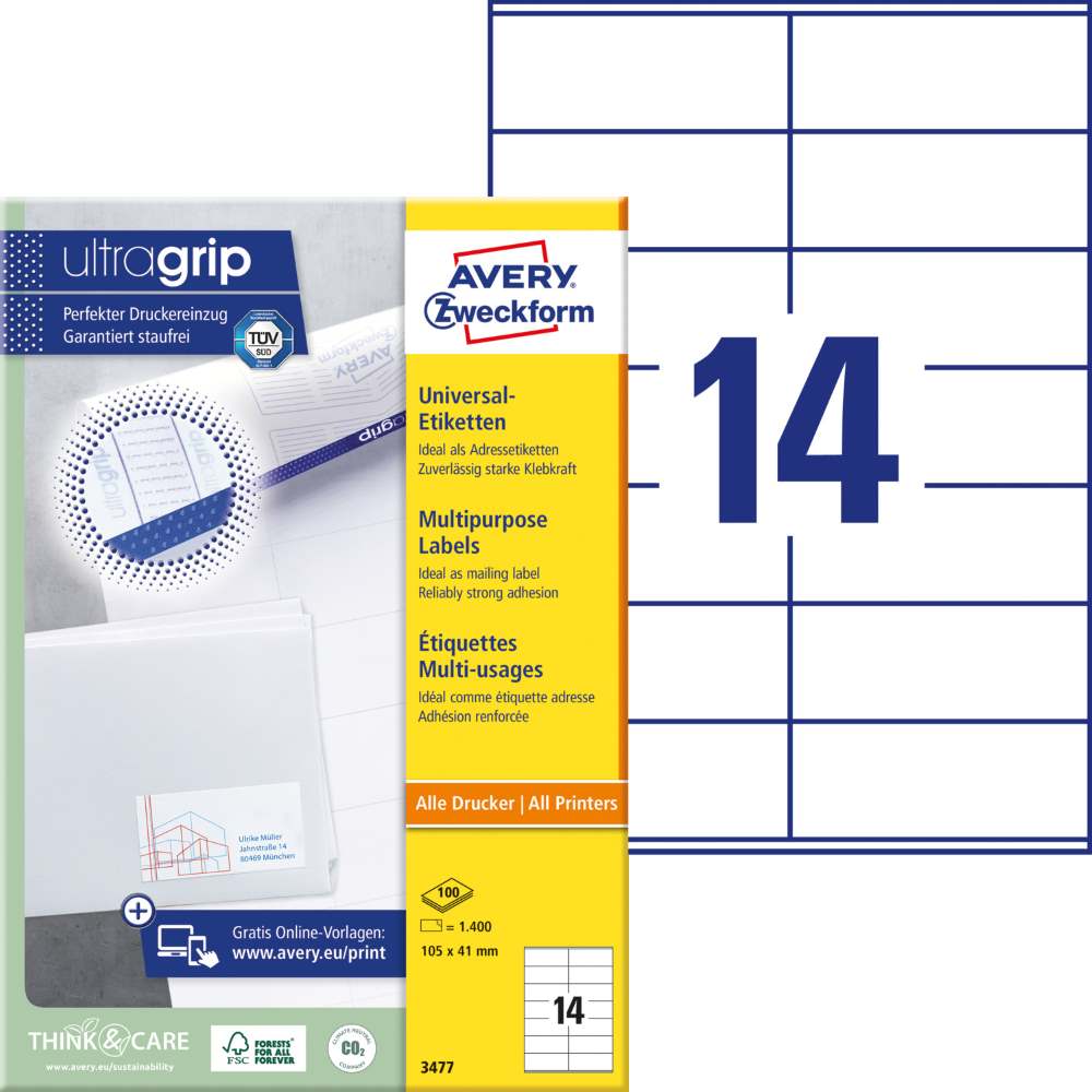Etikete papirne bele univerzalne Avery Zweckform 3477, 105 x 41 mm