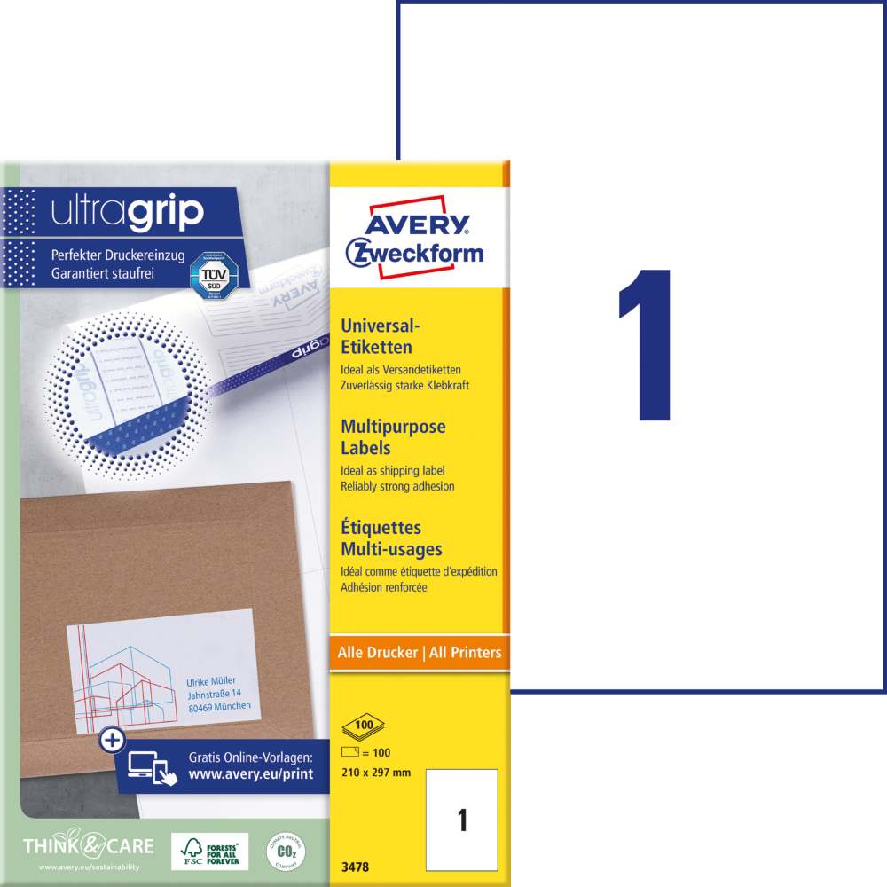 Etikete papirne bele univerzalne Avery Zweckform 3478, 210 x 297 mm