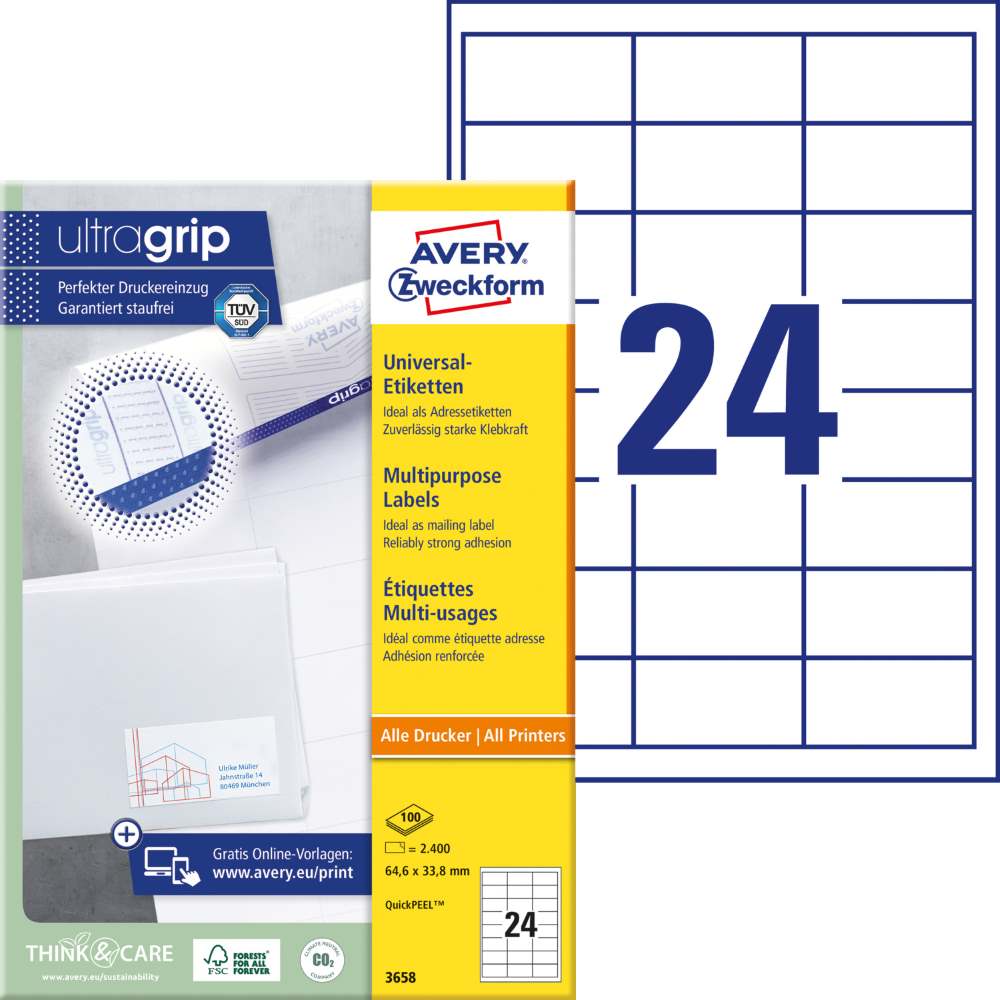 Etikete papirne bele univerzalne Avery Zweckform 3658, 64,6 x 33,8 mm
