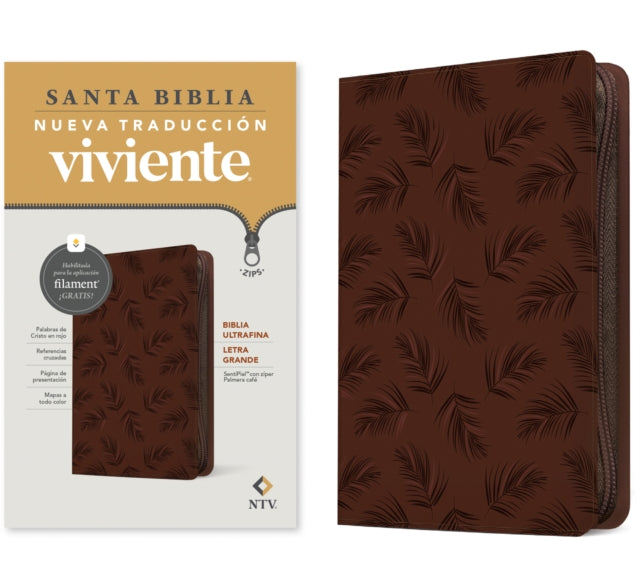 Biblia ultrafina NTV, letra grande de ziper con Filament (SentiPiel, Palmera cafe, Letra Roja)
