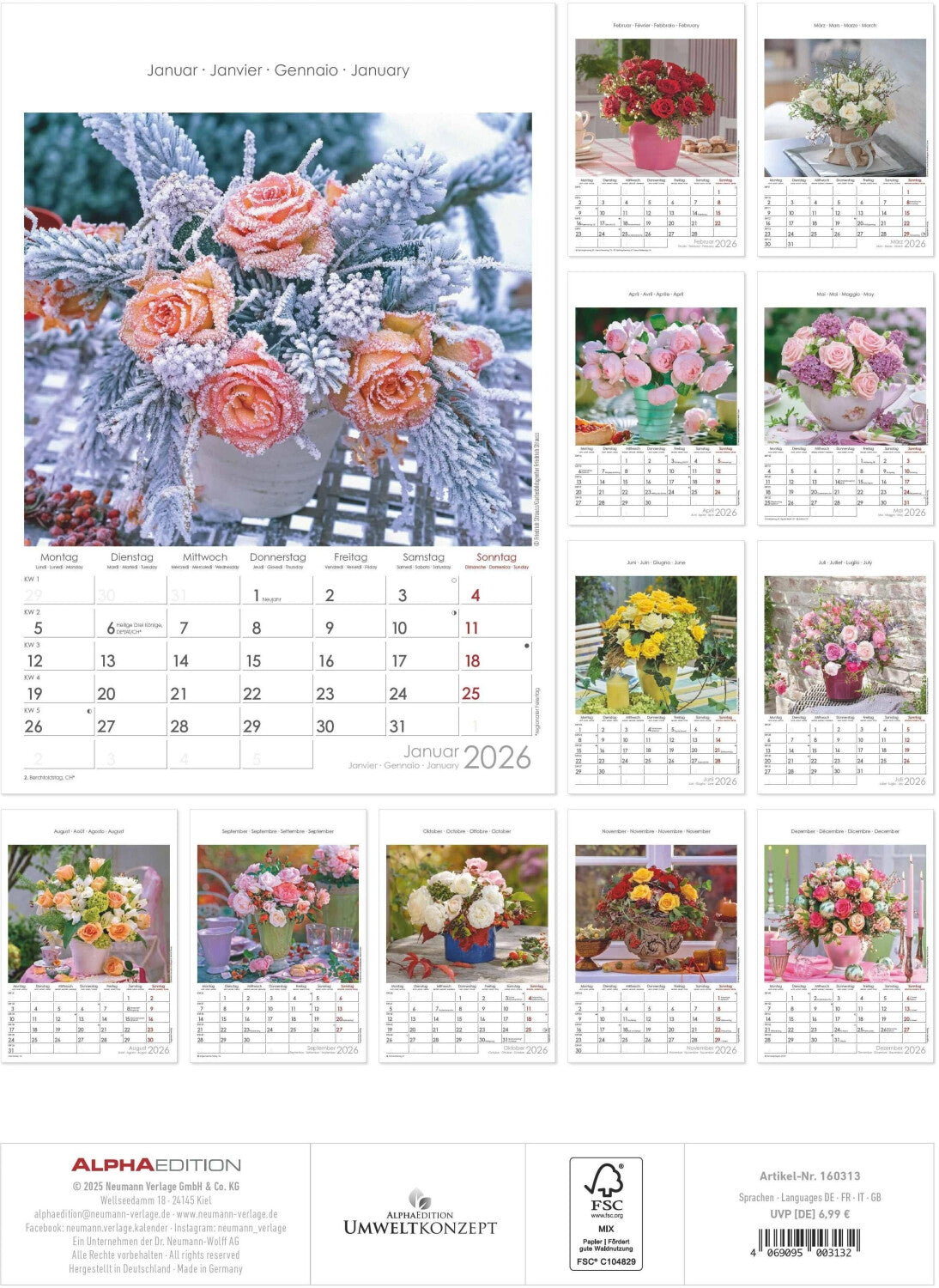 Koledar ROSE DREAMS 2026, 24x34 cm