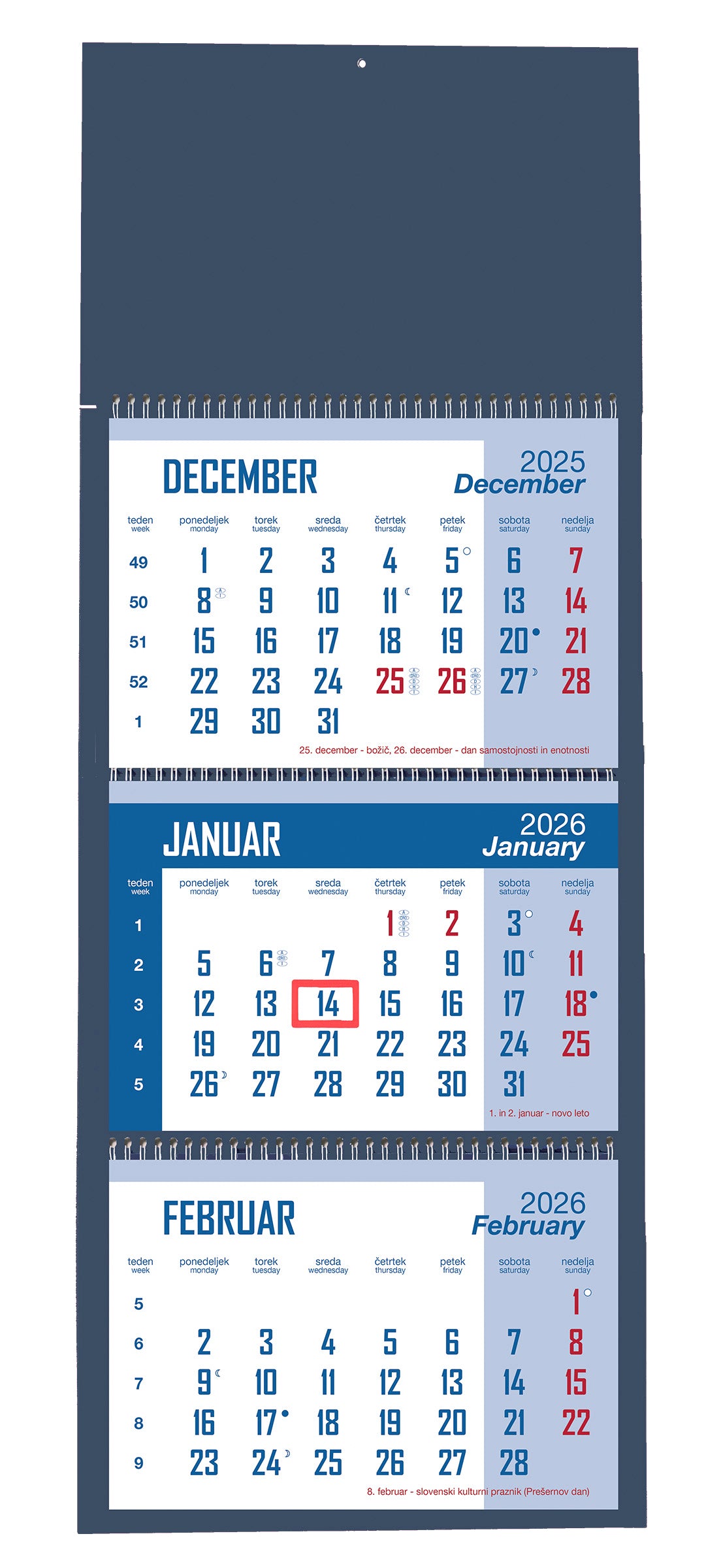 Koledar 2026 3-delni, spirala, moder