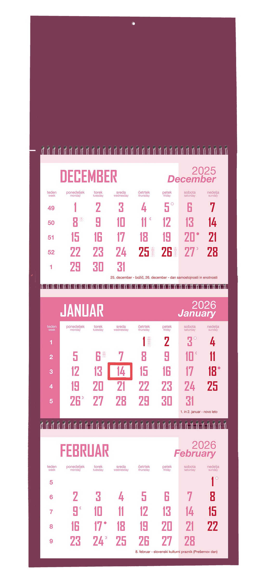 Koledar 2026 3-delni, spirala, bordo