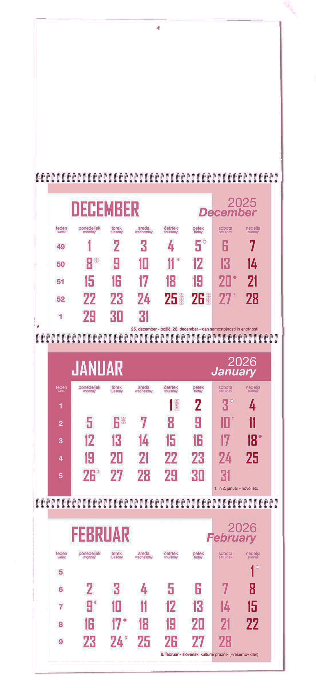 Koledar 2026 3-delni, spirala, bel