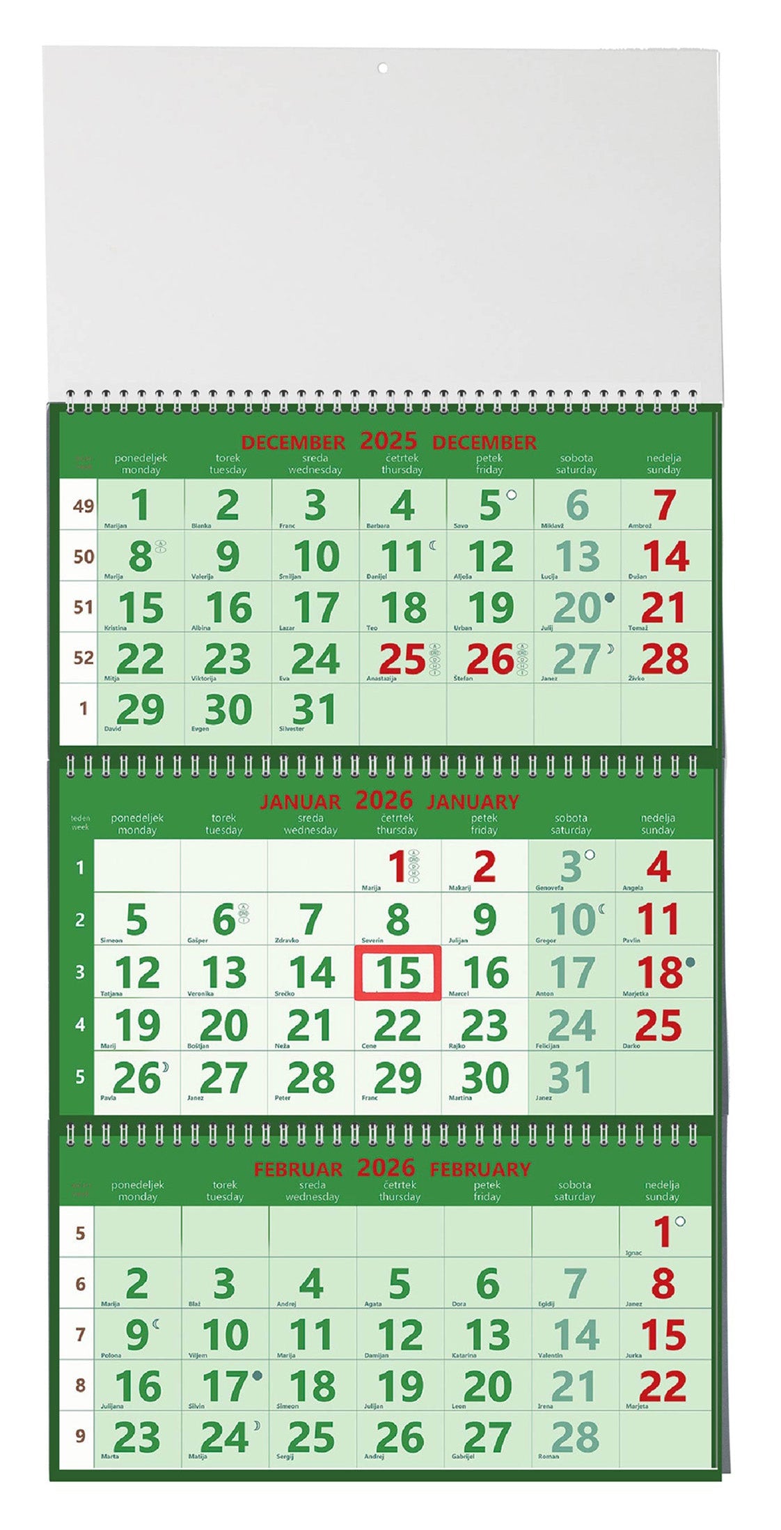 Koledar 2026 3-delni, spirala, zelen