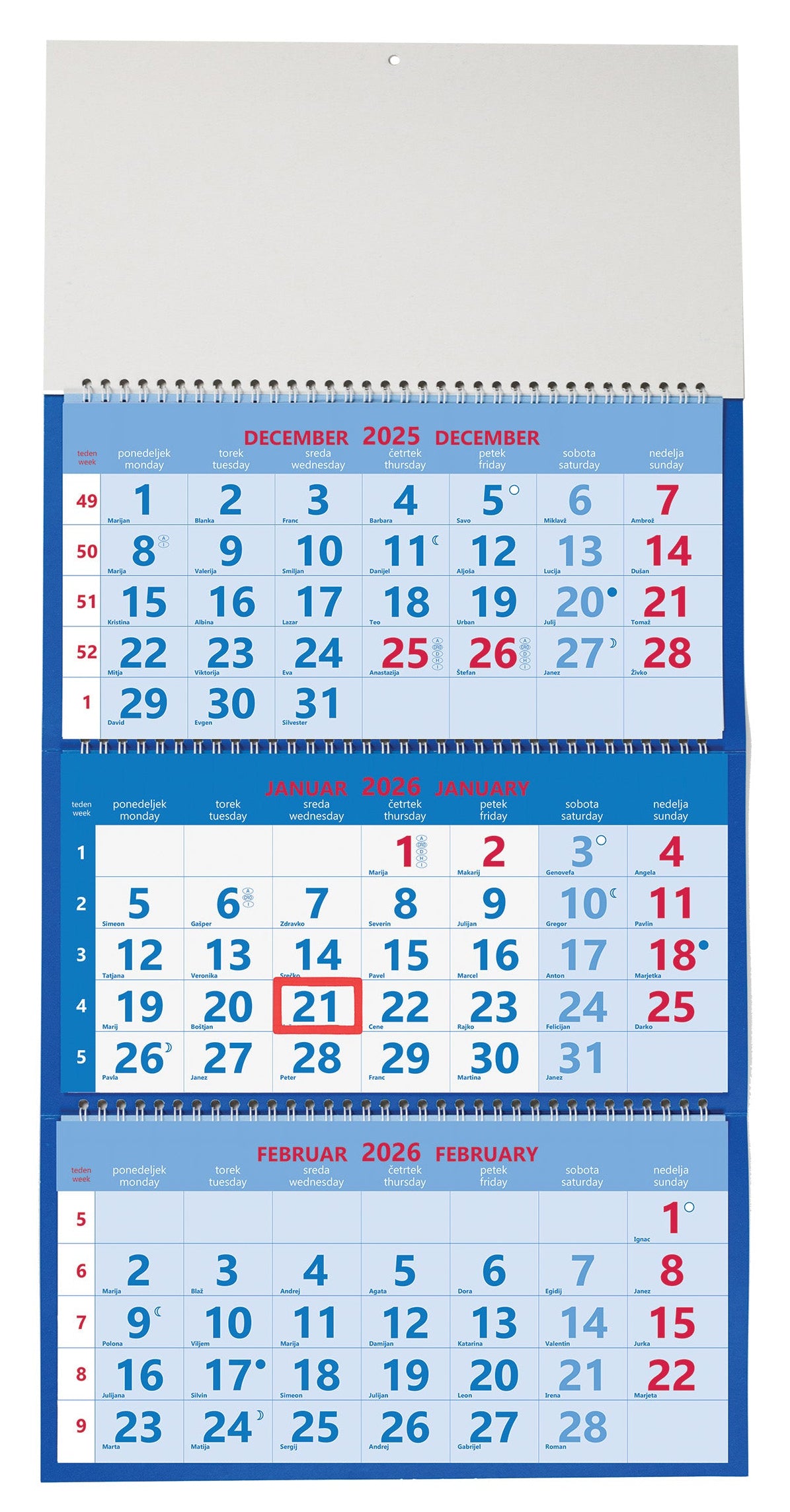 Koledar 2026 3-delni, spirala, moder