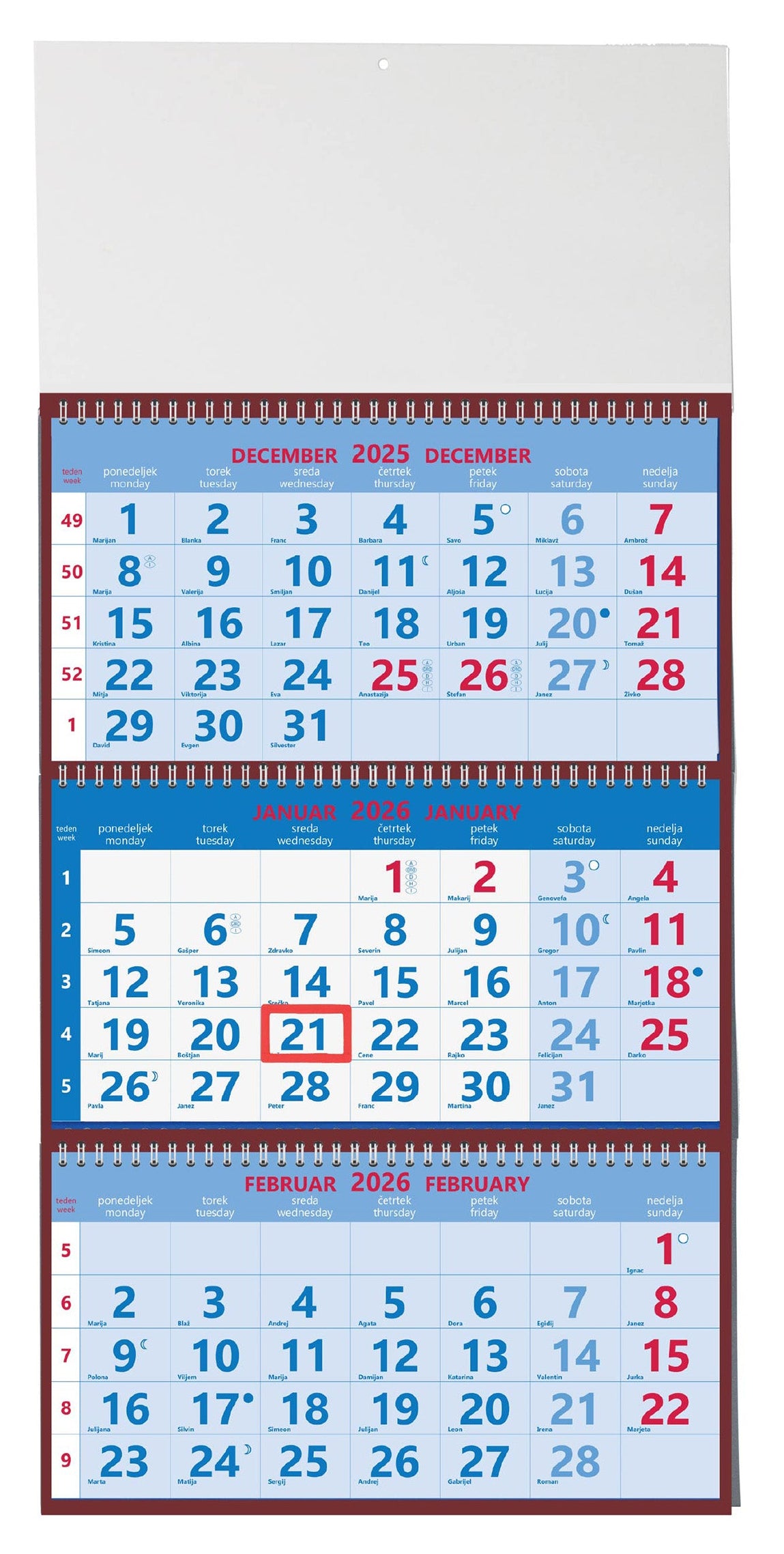 Koledar 2026 3-delni, spirala, bordo