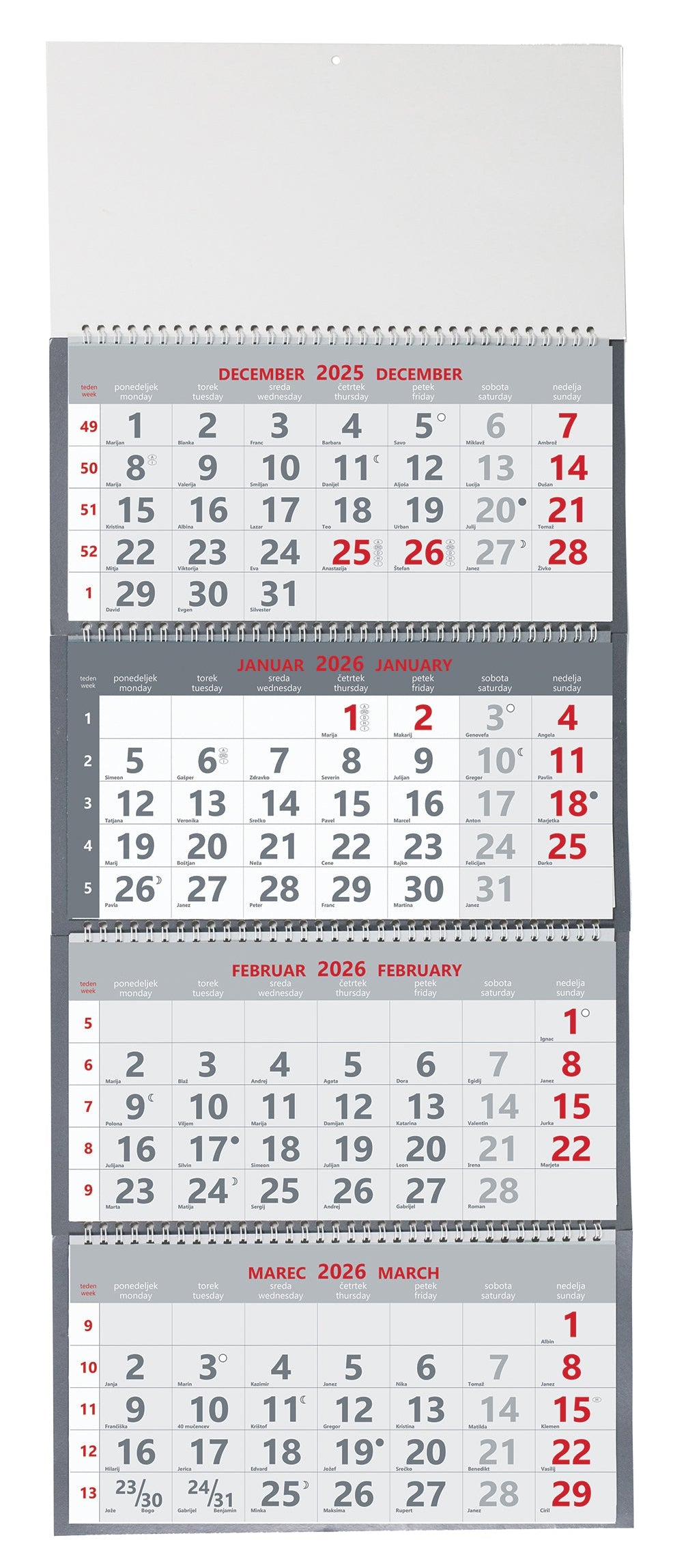 Koledar 2026 4-delni, spirala, siv