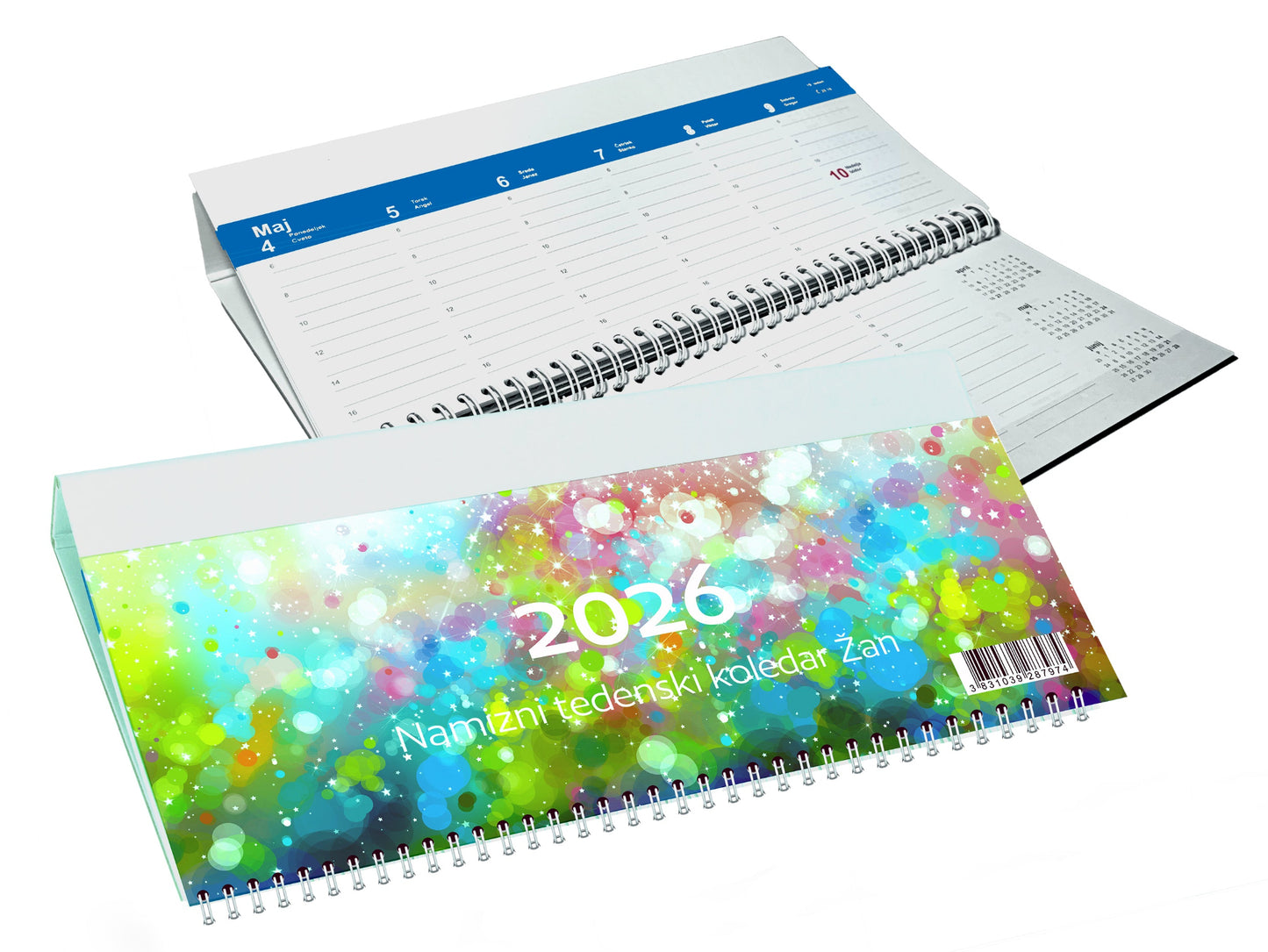 Namizni tedenski koledar Žan 2026, bel z modrim tiskom