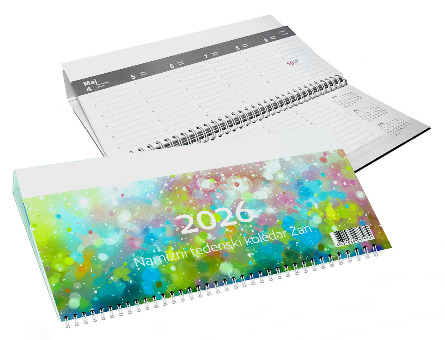 Namizni tedenski koledar Žan 2026, bel z sivim tiskom