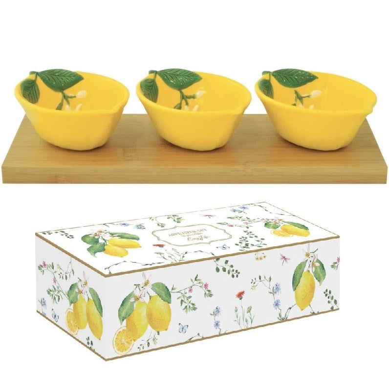 Set treh posodic na lesenem podstavku, Fleurs et Citrons