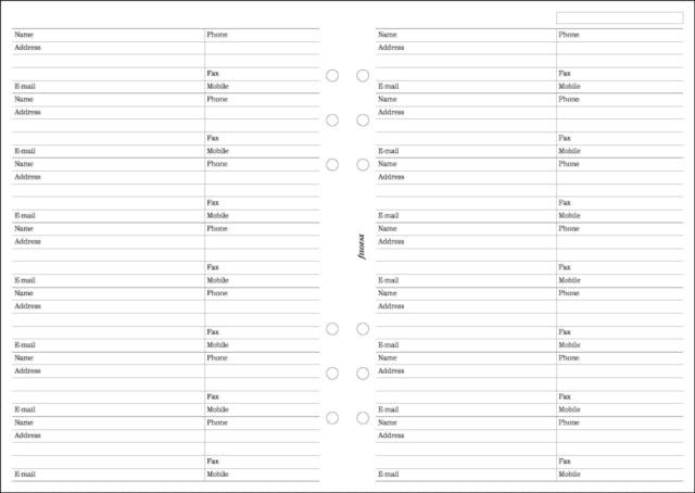 Filofax A5 Name, address, email, telephone, fax, mobile refill